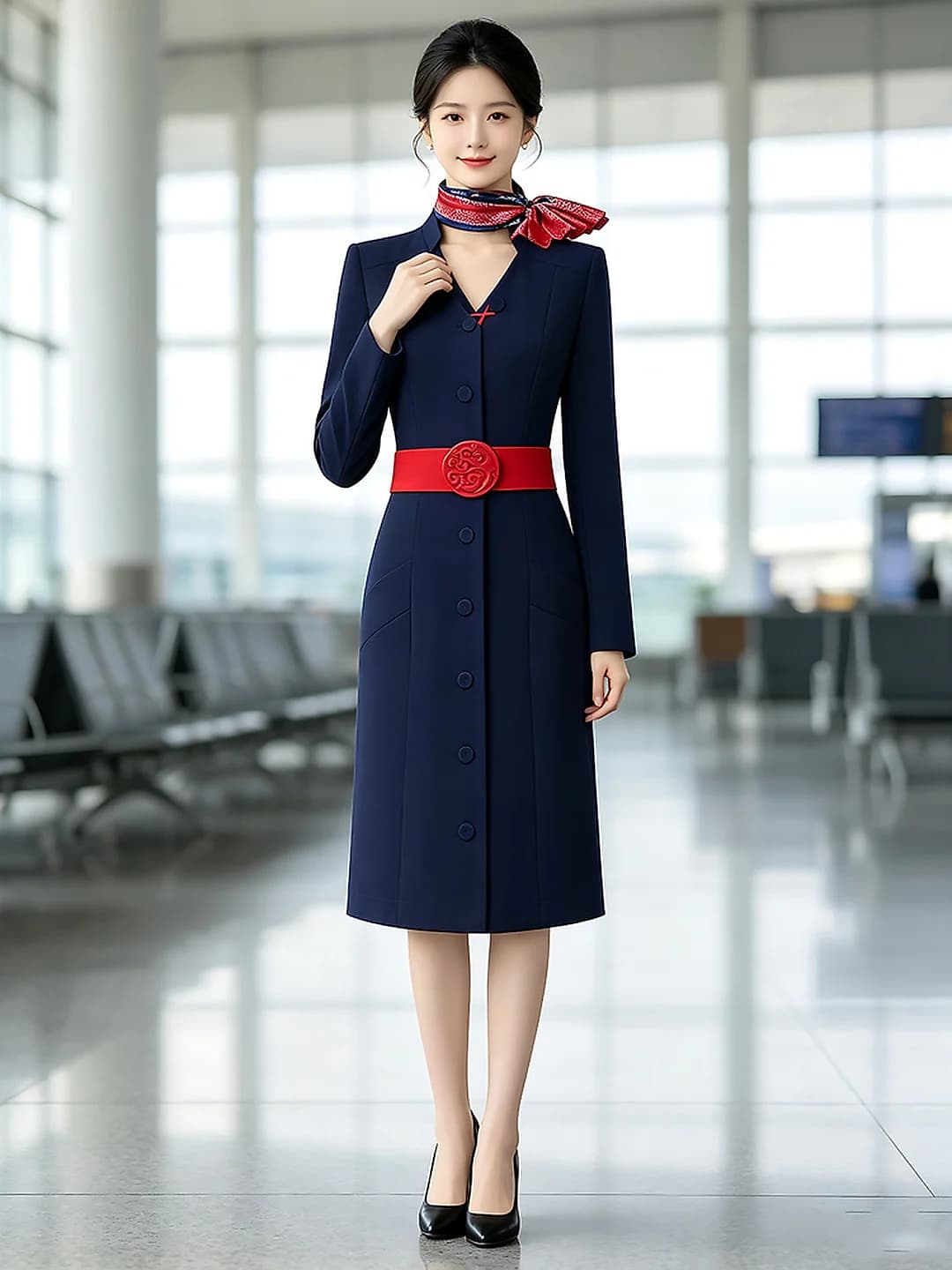 Women's long sleeve sheath dresses: V-neck, mid-length, solid colour, regular sleeve, mid waist, slim fit, single-breasted, polyester (95% or more), spandex (up to 30%), elegant office commuter style, work uniform