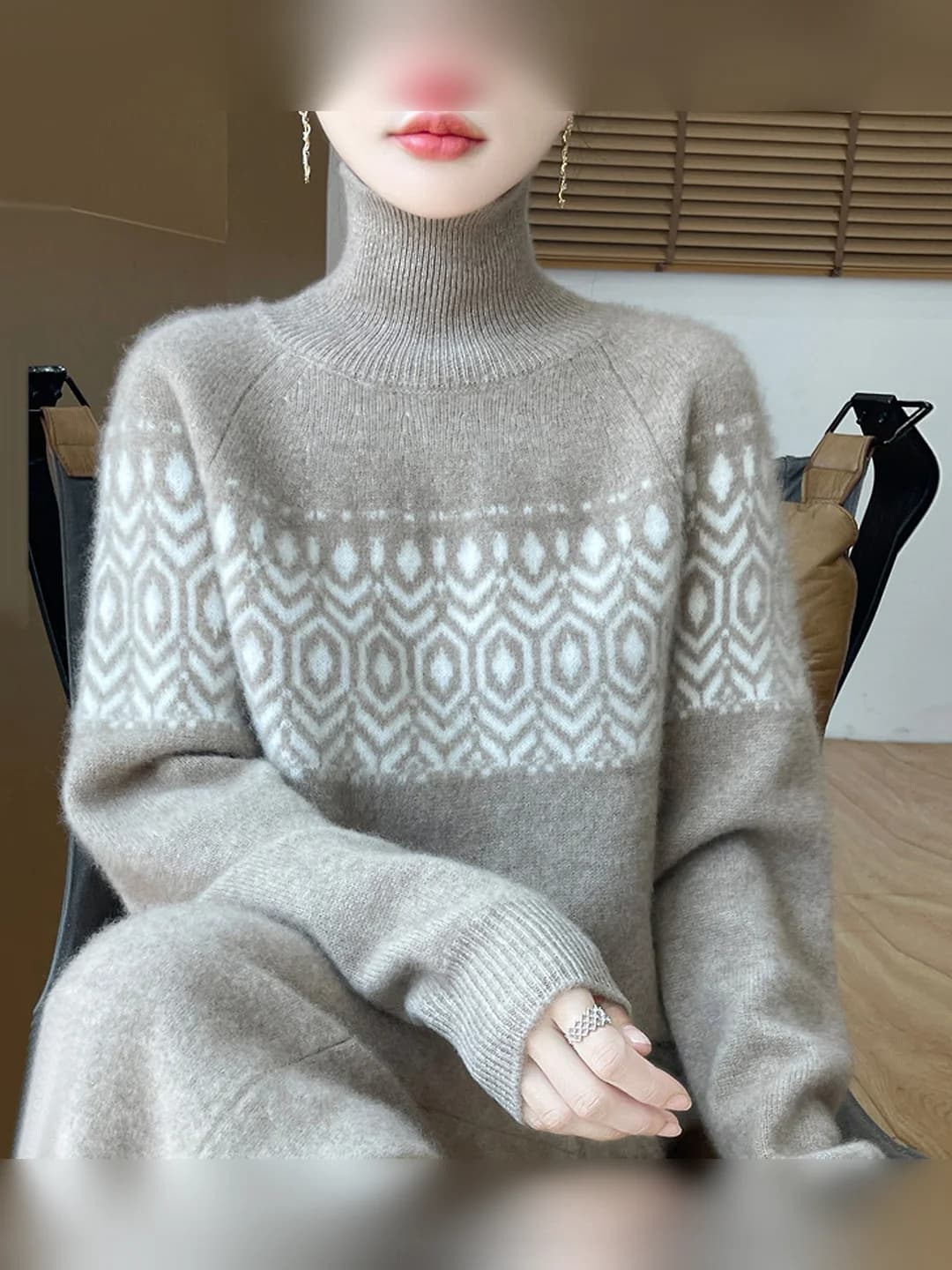 Women's 2026 autumn-winter turtleneck — 100% wool, loose fit, high neck, retro, jacquard pattern, colour-block, pullover