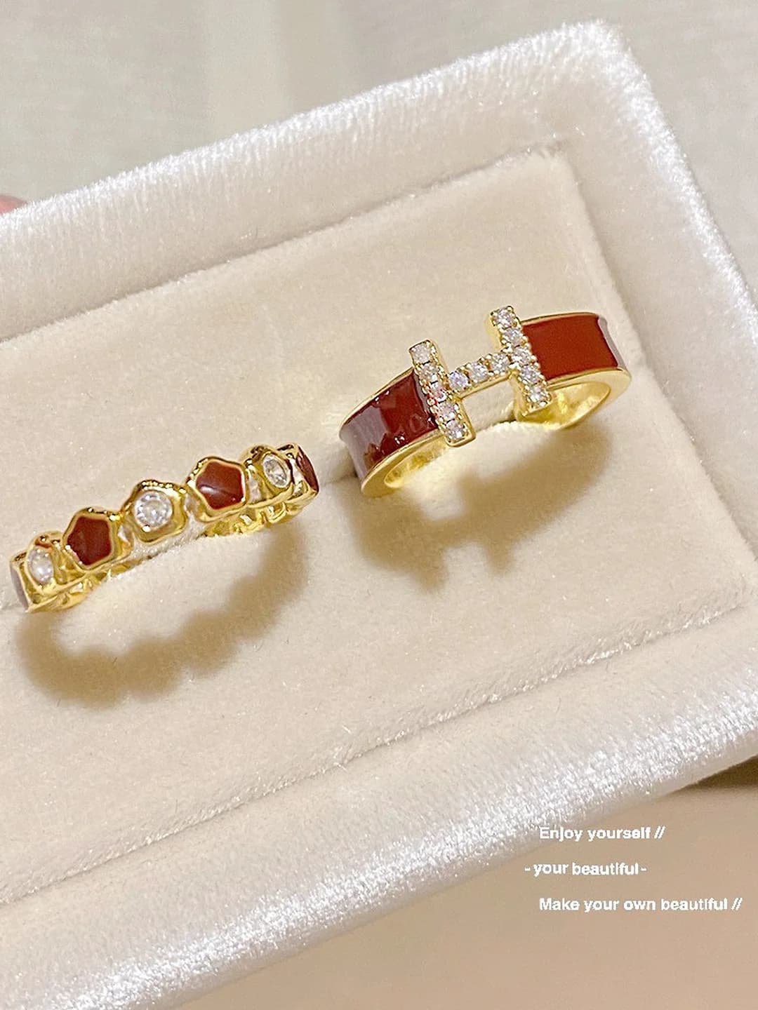 Women's rings: open irregular ring with gold and red enamel