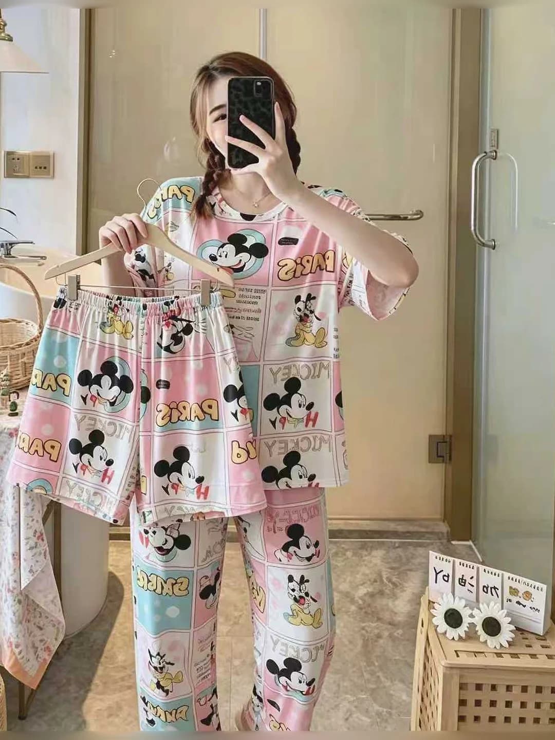 3-piece, pink check Mickey