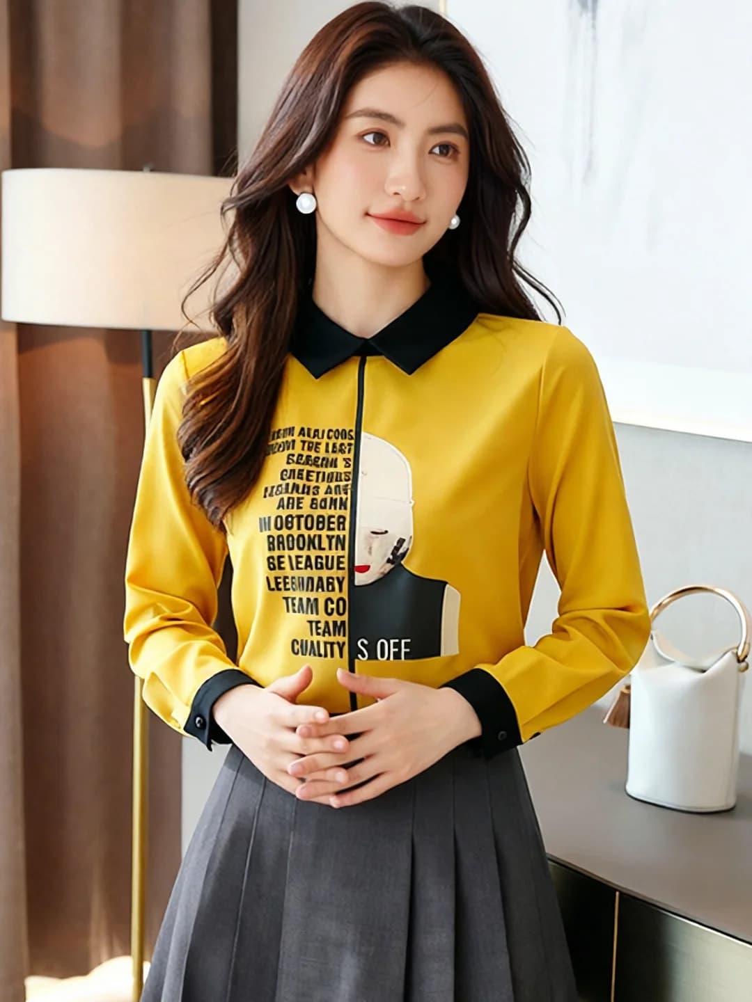 Women's 2026 autumn Korean-style loose long-sleeve chiffon blouse, printed letters, halter neck