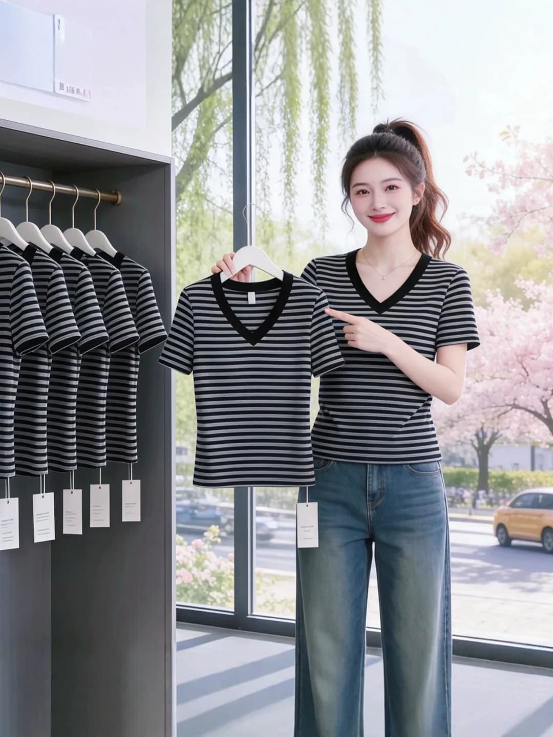 Women's summer t-shirt, V-neck, striped, short sleeve, slim fit, slimming, American-style, colour-block design, polyester 80%–90%
