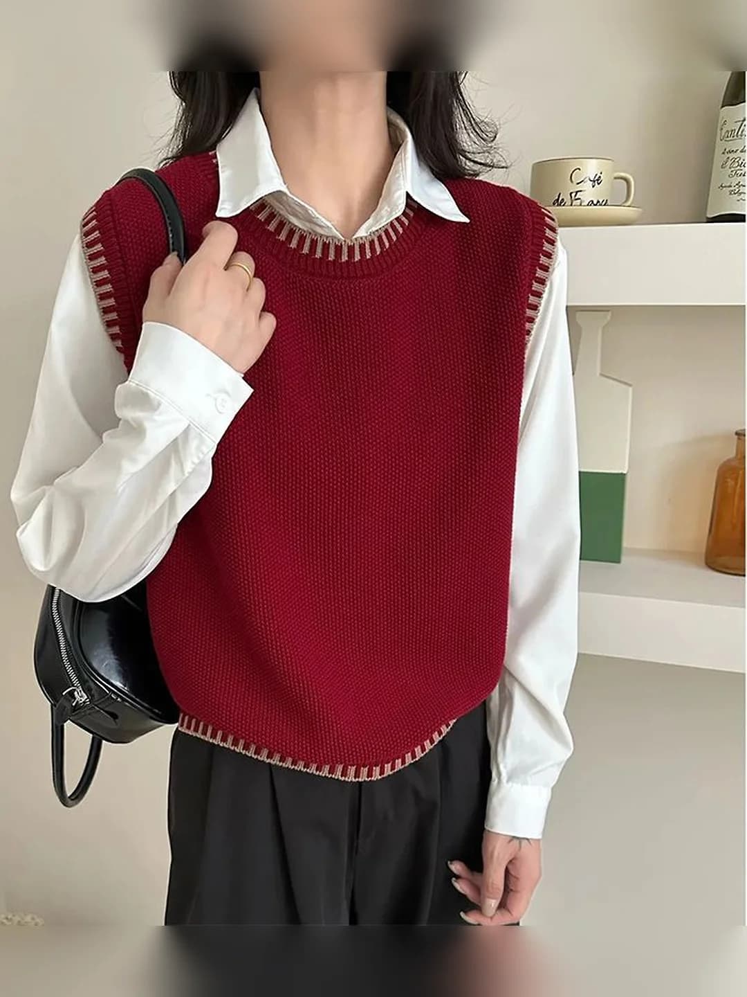 Women's knit vest, solid colour, loose fit, polyester, collarless, pullover style