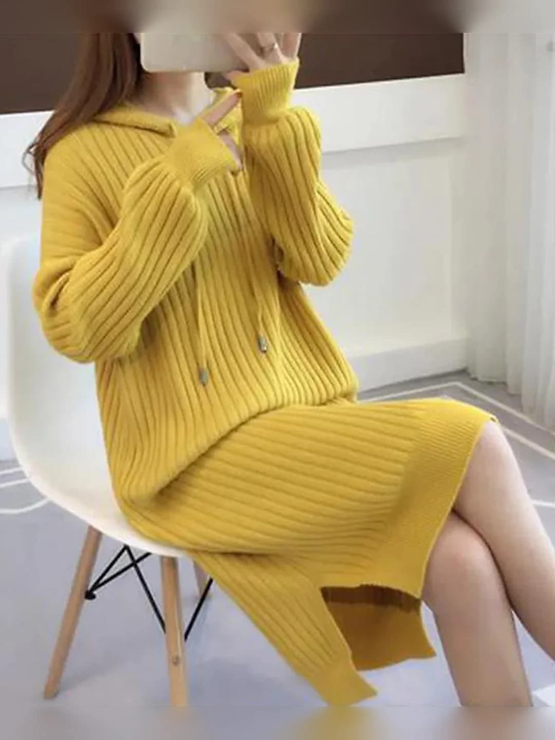 Women's knit sweater dress, midi length, hooded, loose fit, preppy style, Korean style, long, spring-autumn, for layering