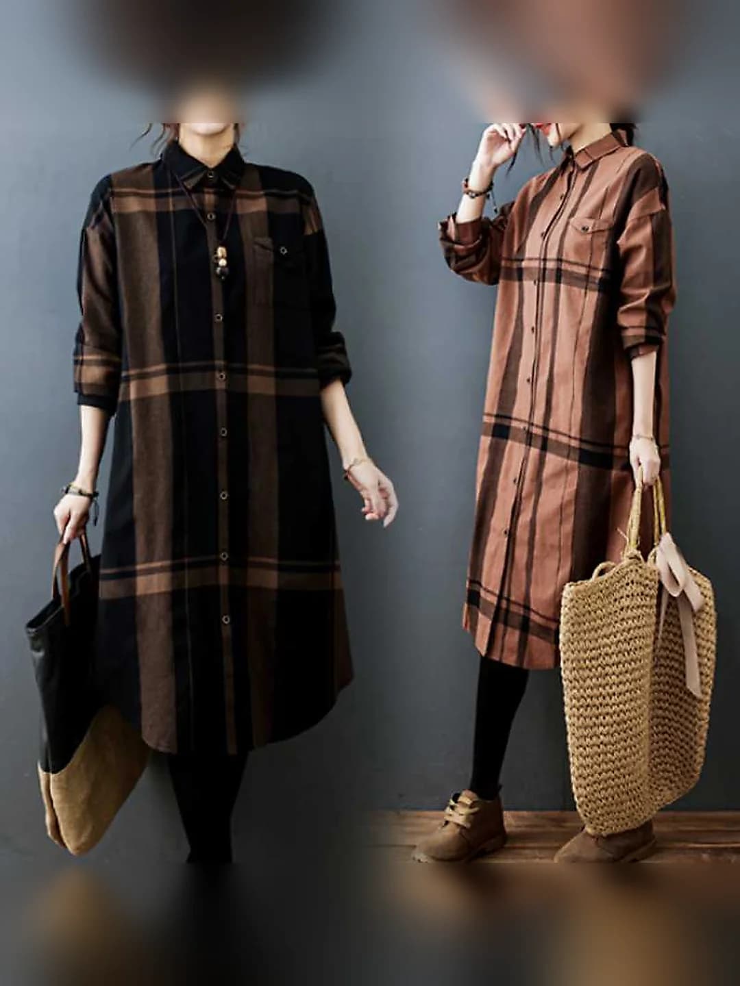 Women's 2026 autumn retro long-sleeve polo-collar checked plus-size loose shirt dress