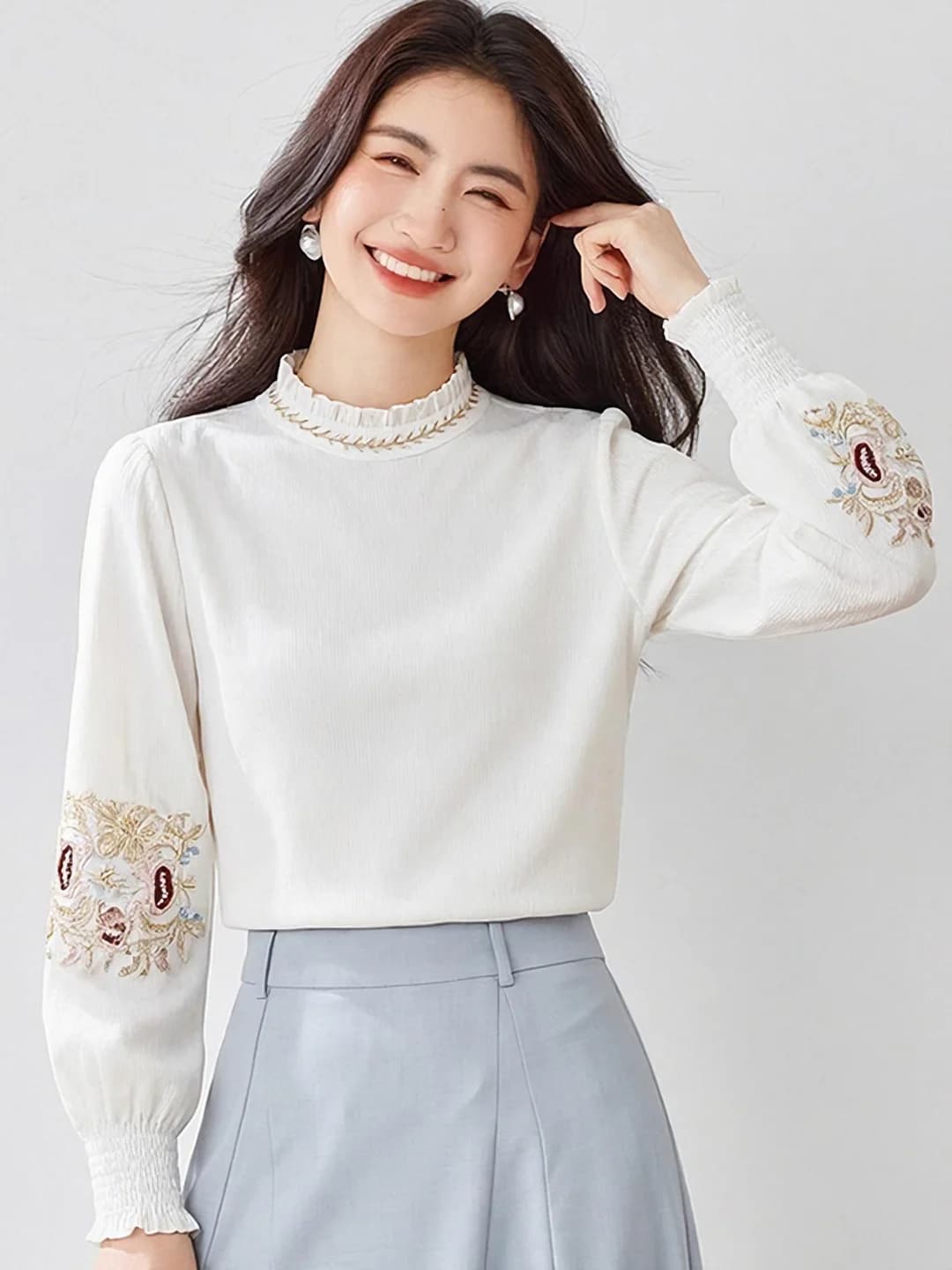 Women's lined chiffon blouse, 2026 spring-autumn, stand collar, lantern sleeve, ruffled edge, embroidered