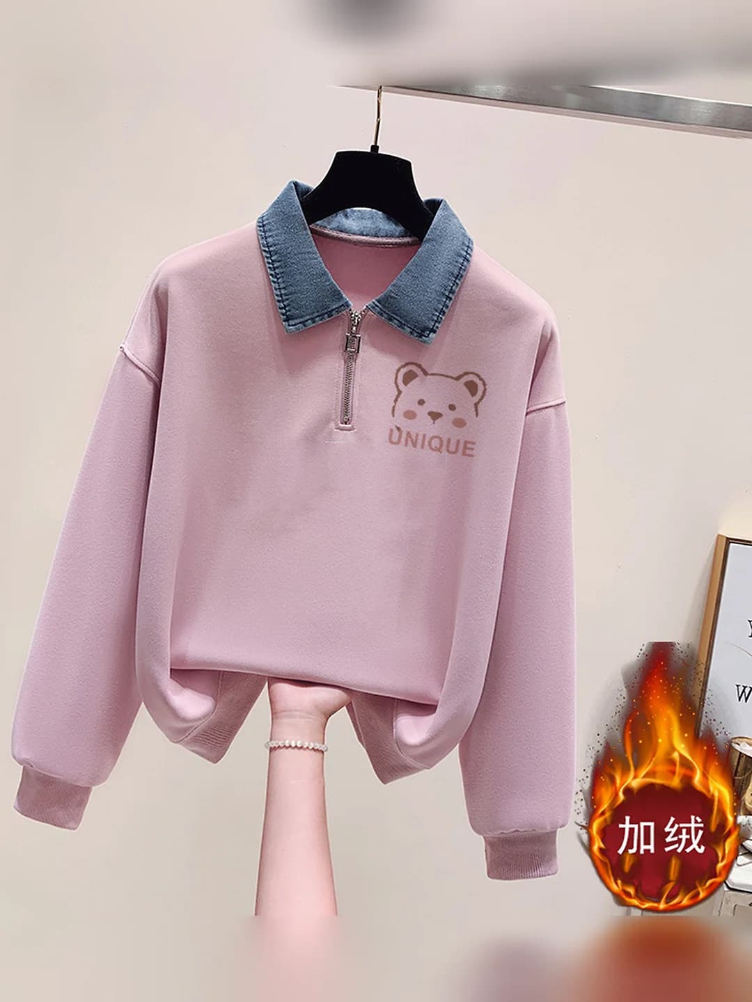 Women's fleece-lined half-zip sweatshirt, POLO collar, autumn-winter, thickened, faux two-piece outerwear