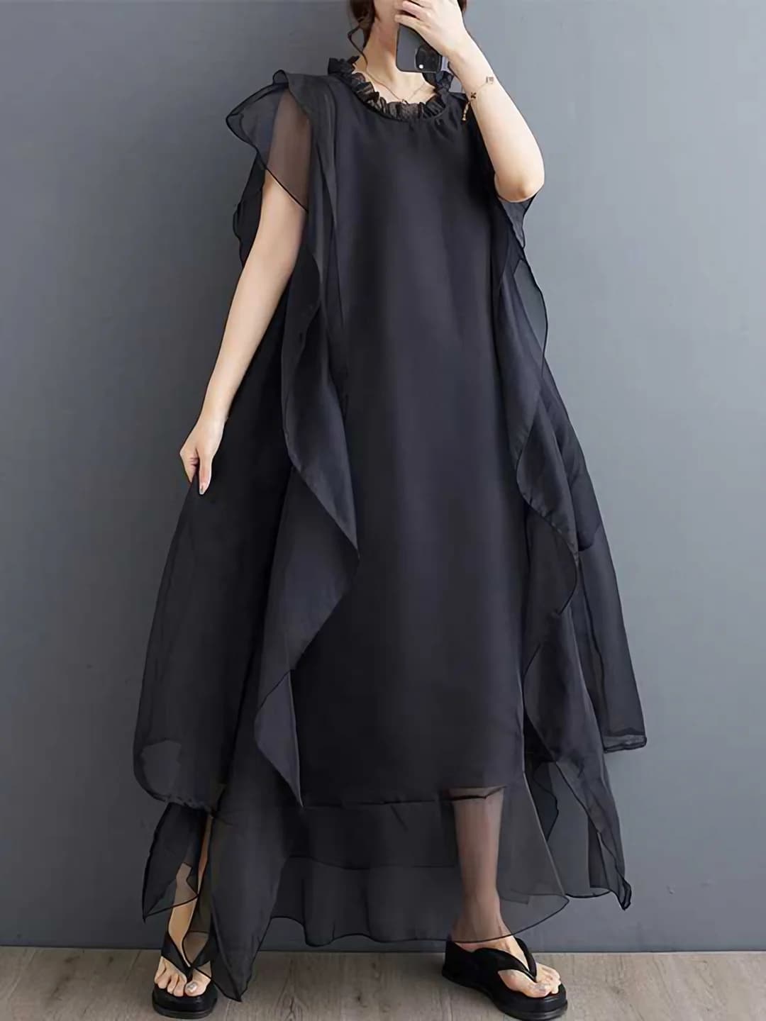 Women's 2026 summer Korean style plus size sleeveless dress: organza mesh, patchwork, ruffled edge, crew neck, double layer