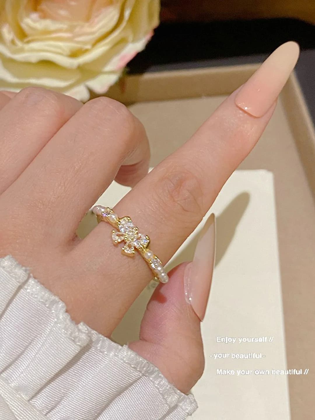Women's pearl zircon butterfly open rings, index-finger ring, versatile style