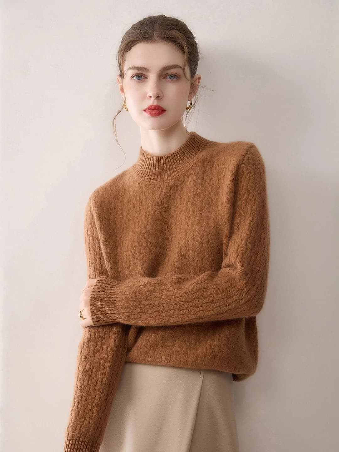 2026 autumn-winter women's 100% pure cashmere pullover (sweater) – heavyweight, thickened, mock neck, small cable knit