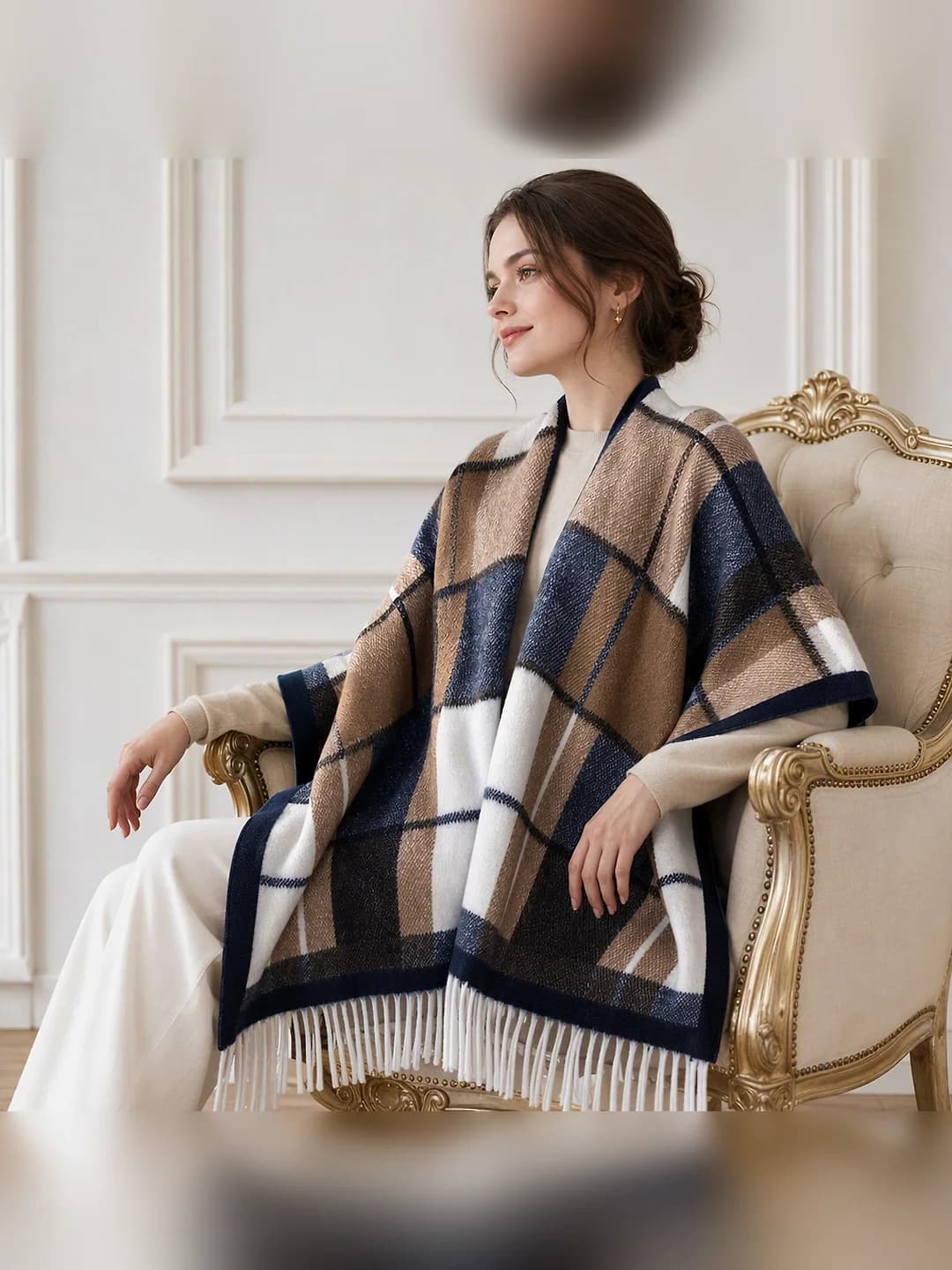 Women's retro checked faux-cashmere shawl cape with tassels, British style, for autumn-winter, spring and autumn
