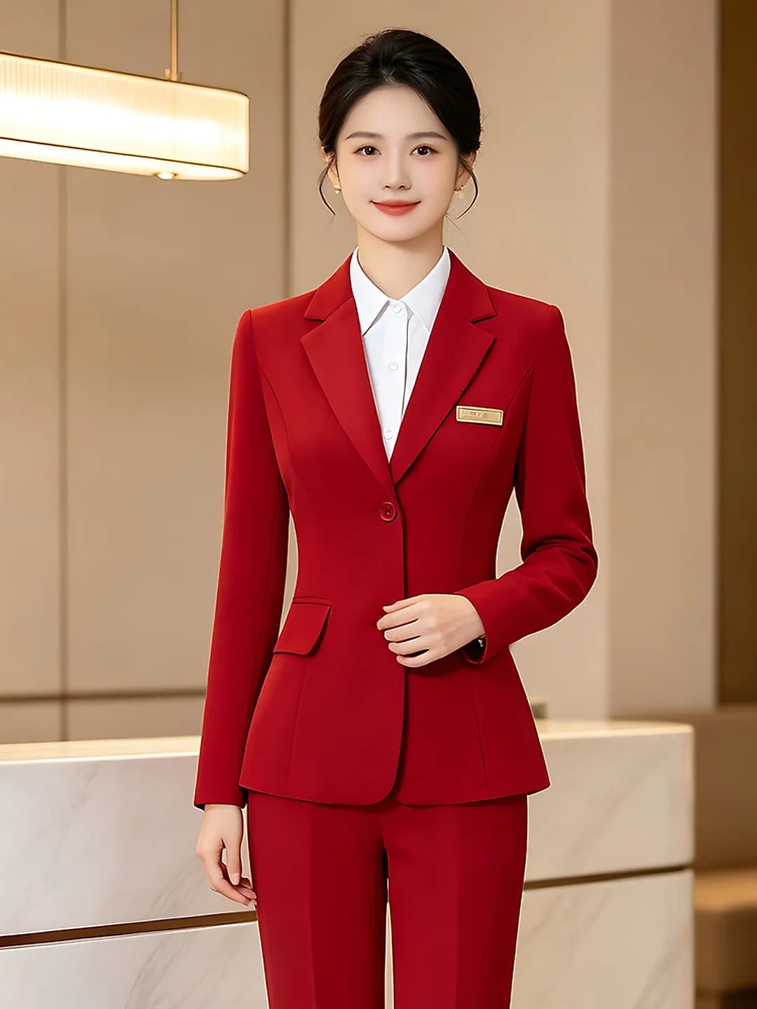 Women's three-piece set with straight cut trousers: long trousers, polyester, long sleeve, regular sleeve type; for hotel reception, hosts, flight attendants and high-speed rail staff