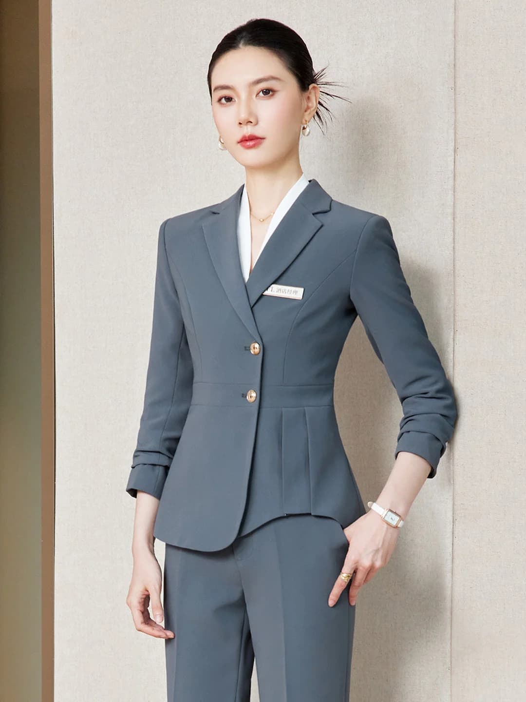 Women's ruffle-trim suit set with blazer and long trousers, long sleeve, polyester, autumn, workwear for hotel managers, beauticians, jewellery shop and foot-spa technicians
