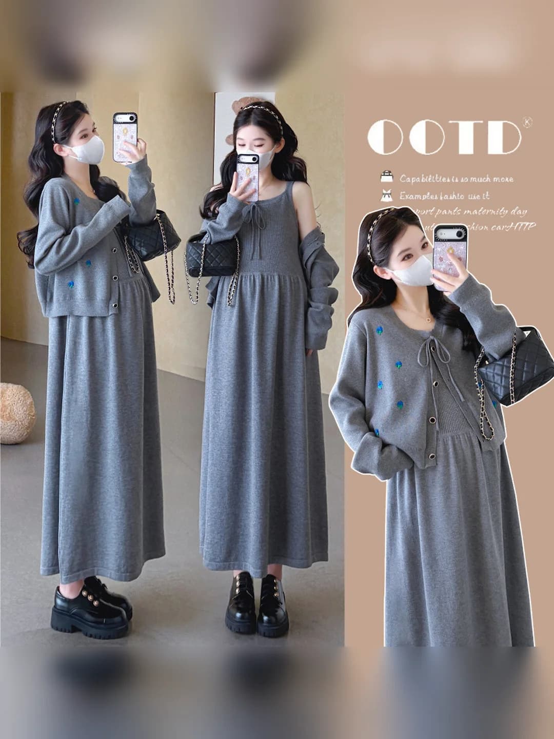 Women's maternity dress set, autumn-winter 2026, Korean style, embroidered, slimming, long sleeve, V-neck, knit, patchwork, long, 70%–80% polyester, up to 30% spandex