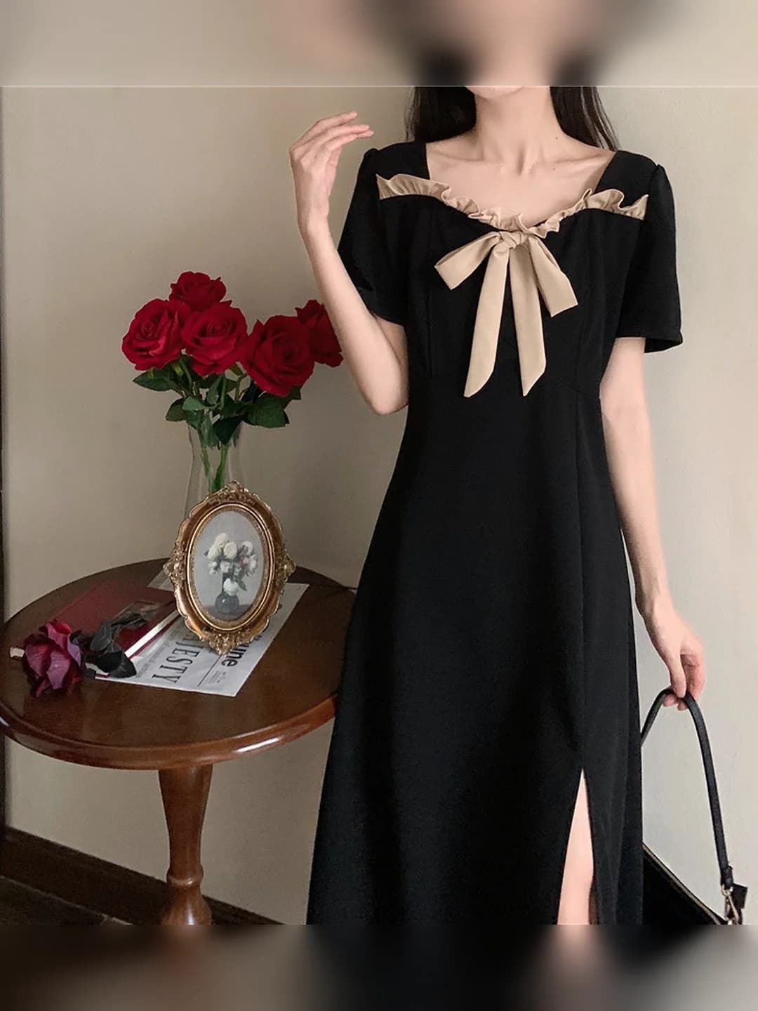 Ayollar uchun fransuz uslubidagi retro qirrali (to'lqinsimon) chetli kvadrat yoqali yirtmali ko'ylak, qo'ng'iroqgul rangida, uzun, shifon qo'shilmali, kalta yengli, 2026