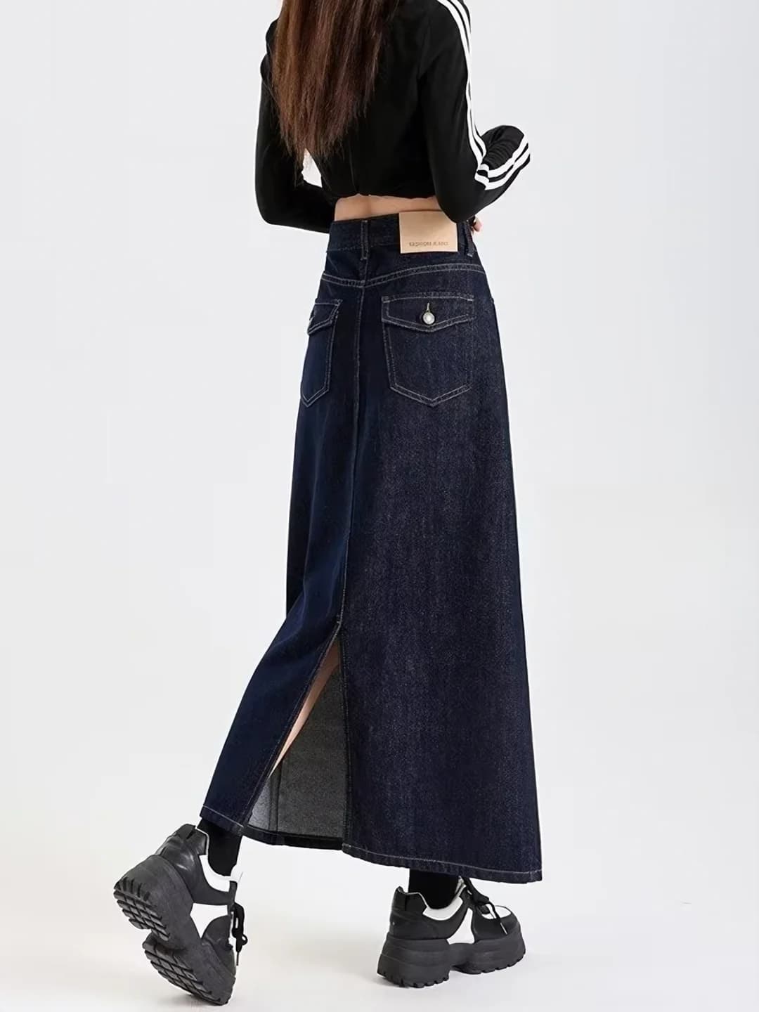 Women's solid colour raw-denim midi wrap skirt, natural shade, wide cut, retro, Japanese-Korean casual style, loose fit, autumn