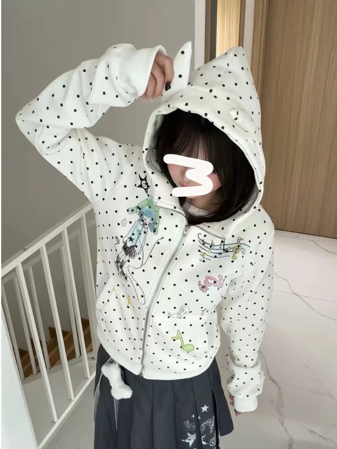 Women's retro autumn zip hoodie in cardigan style, polka dot and cat ear design, extra thick, long sleeve, slim fit