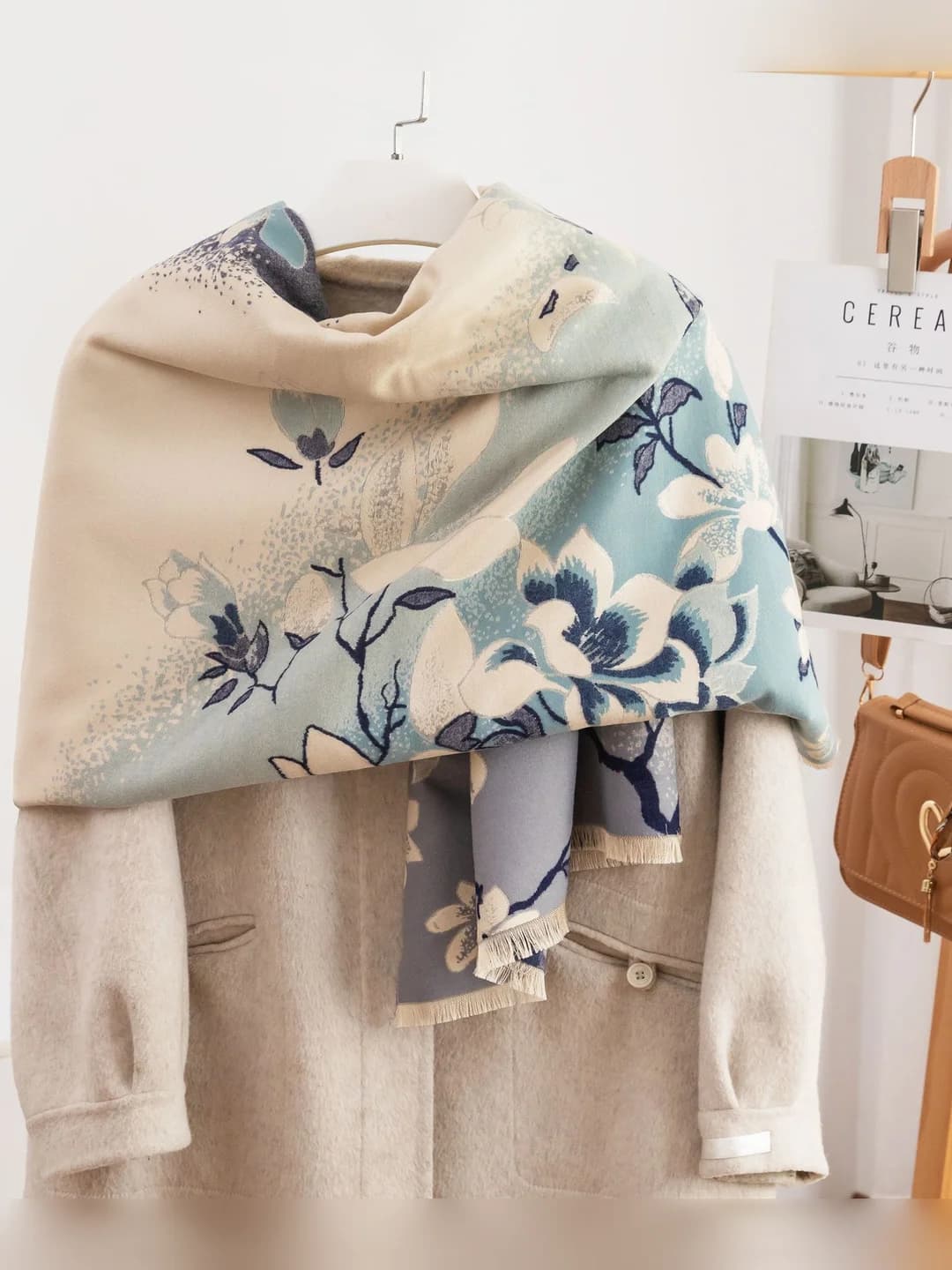 Magnolia floral scarf, light blue