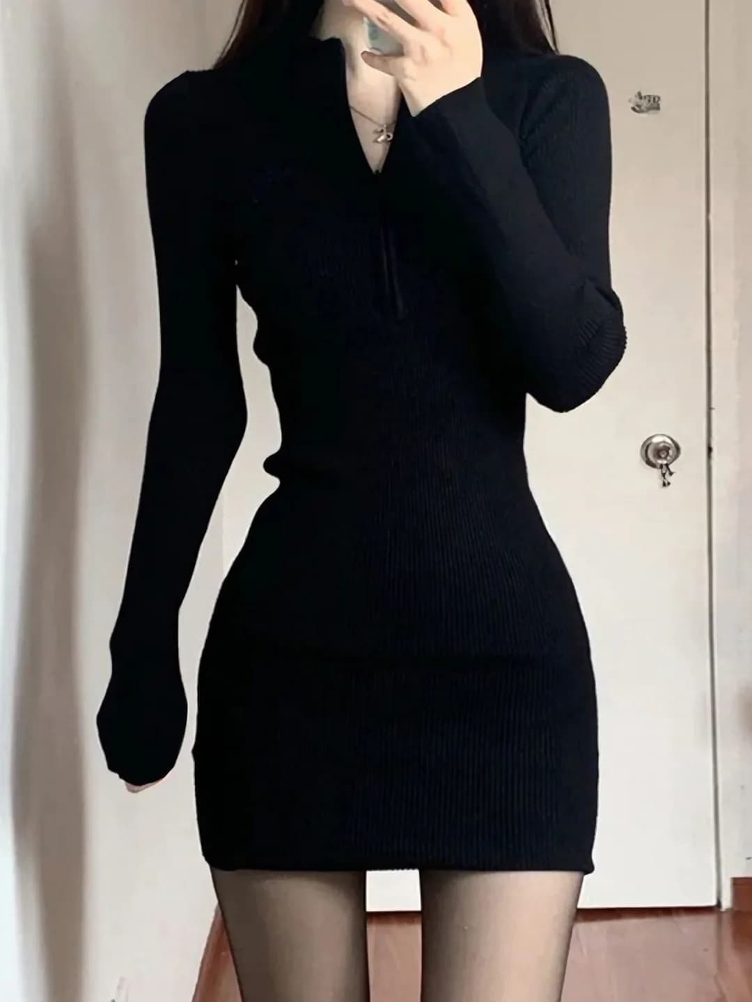 Women's black half-zip bodycon dress — autumn-winter, petite, slimming, slim fit, cotton and elastane, solid colour, pullover, mock neck, long sleeve, high waist, mini skirt, elegant style
