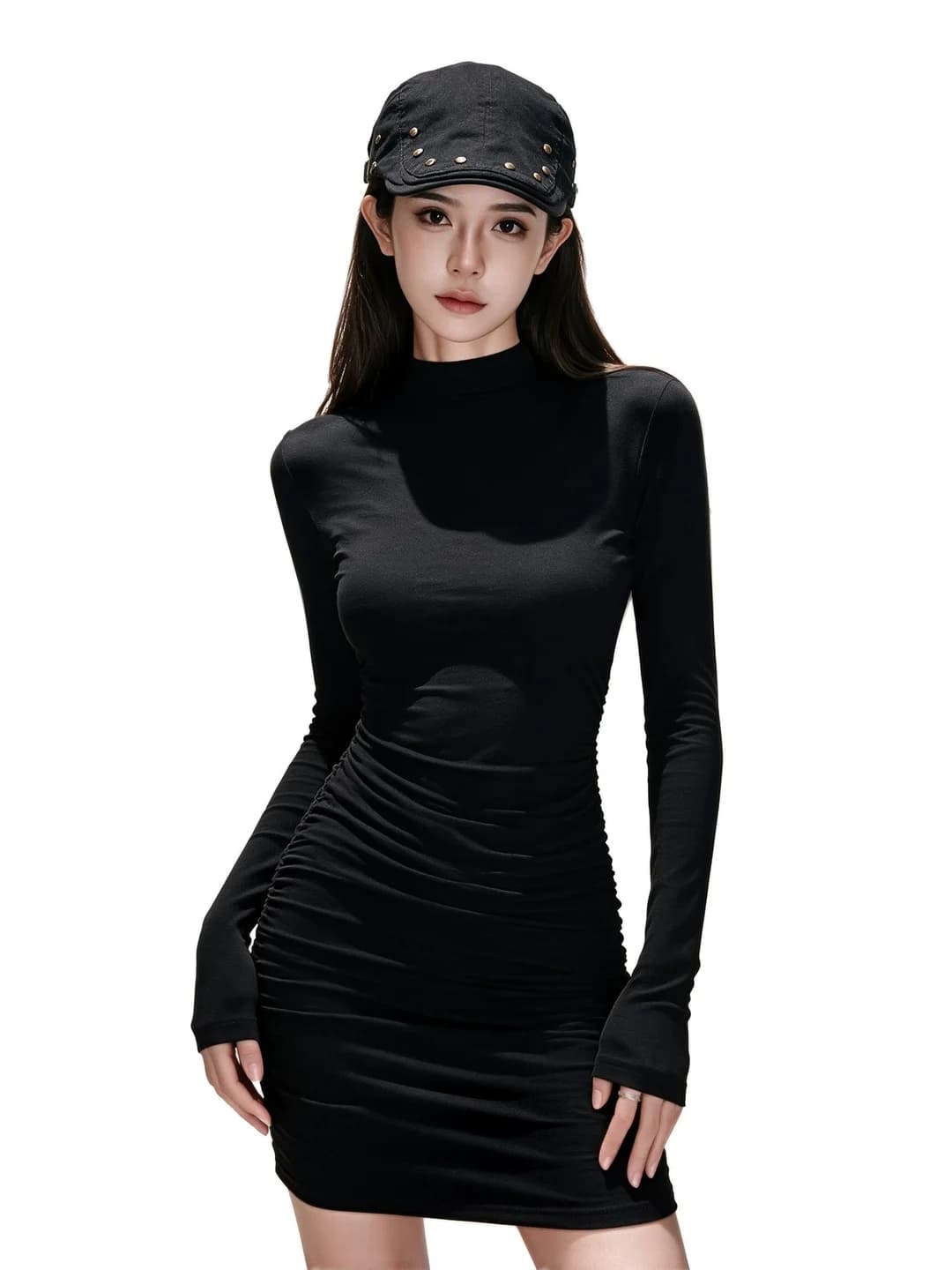 Women's black mini sheath dress for petite, high waist, slim fit, solid colour, mock neck, long sleeve, early autumn, 90%–95% viscose, slimming