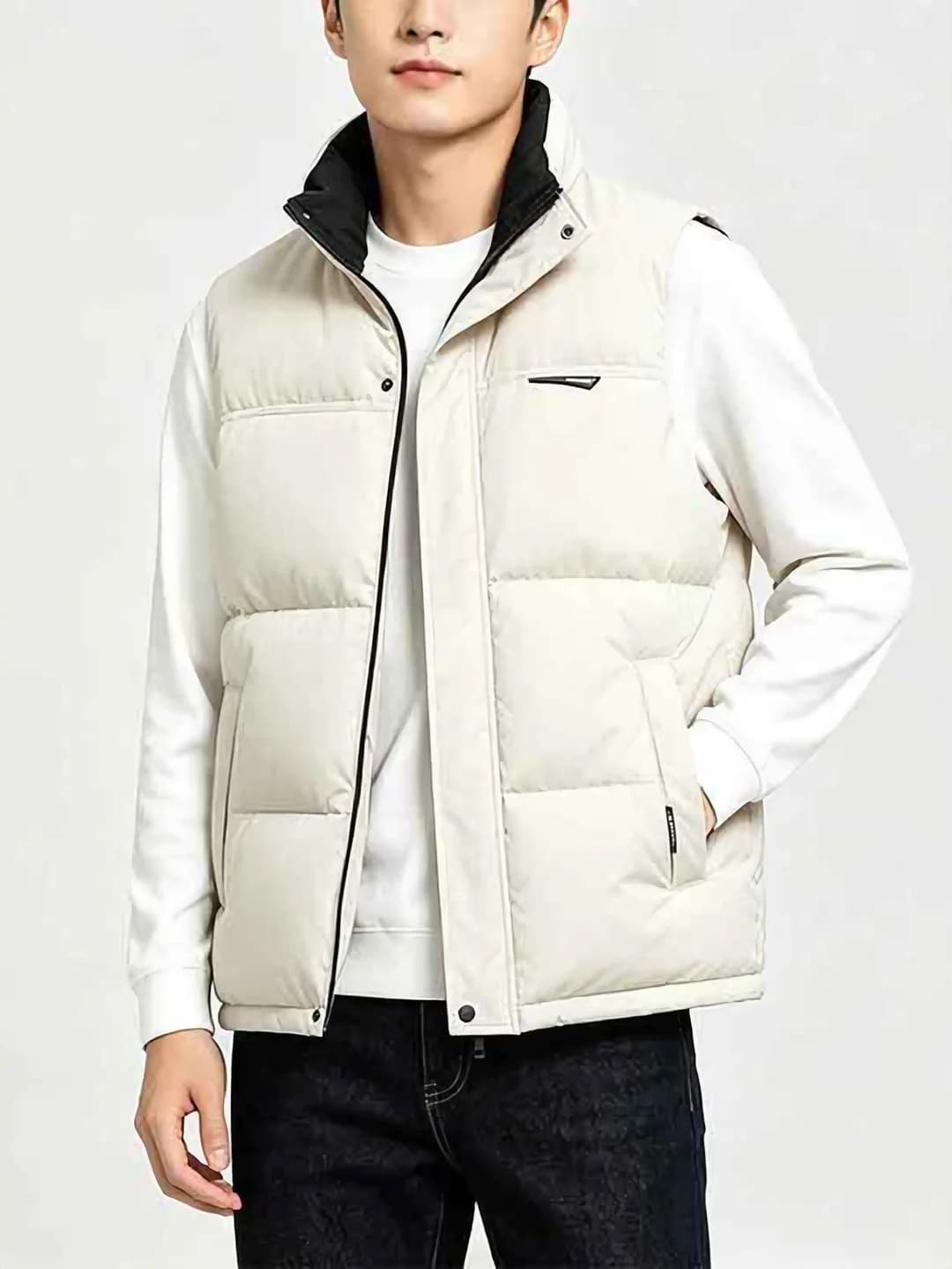 Men's autumn-winter thickened padded vest, cardigan style, sleeveless, front zip, round neck, loose fit, solid colour, polyester, silk wadding filling, casual style