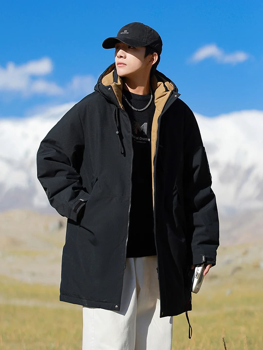 Men's mid-length winter padded jacket — hooded, thickened, fleece-lined, sport style, for mountaineering and outdoor trips, utility style, warm, solid colour, couple-matching