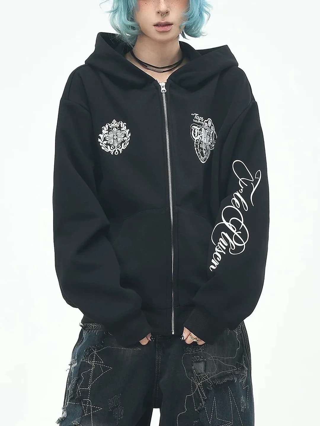 Women's American-style embroidered hoodie with metal rivets and appliqué, spring-autumn, loose fit, zip-front, long sleeve