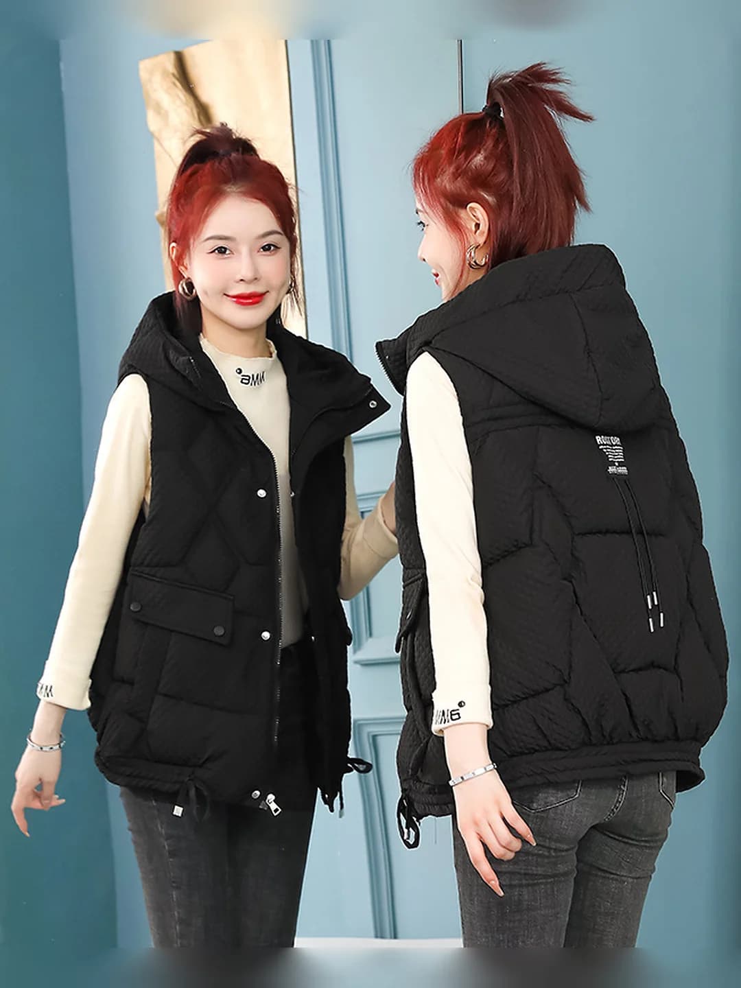 Women's 2026 autumn-winter open-front cardigan-style short hooded zip vest, diamond quilted with down-alternative fill (polyester-cotton), acrylic fabric, solid colour, loose fit, preppy style, fresh and sweet style