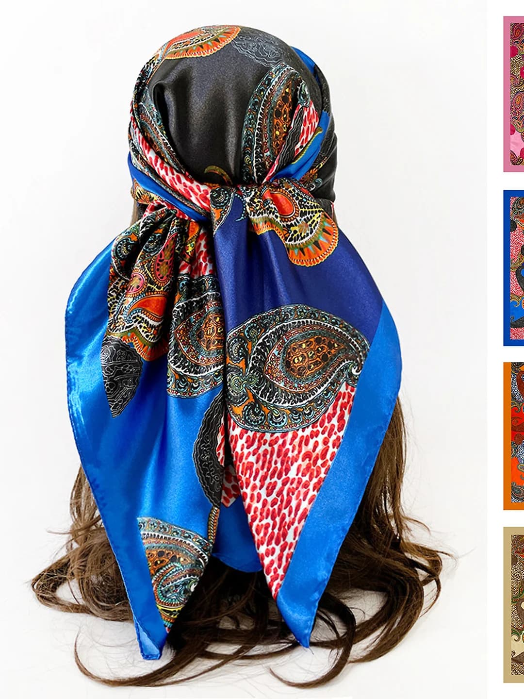 Women's 2026 printed satin square scarf, 90 cm, cashew print, polyester, over 96%, for summer, can be worn as a head wrap