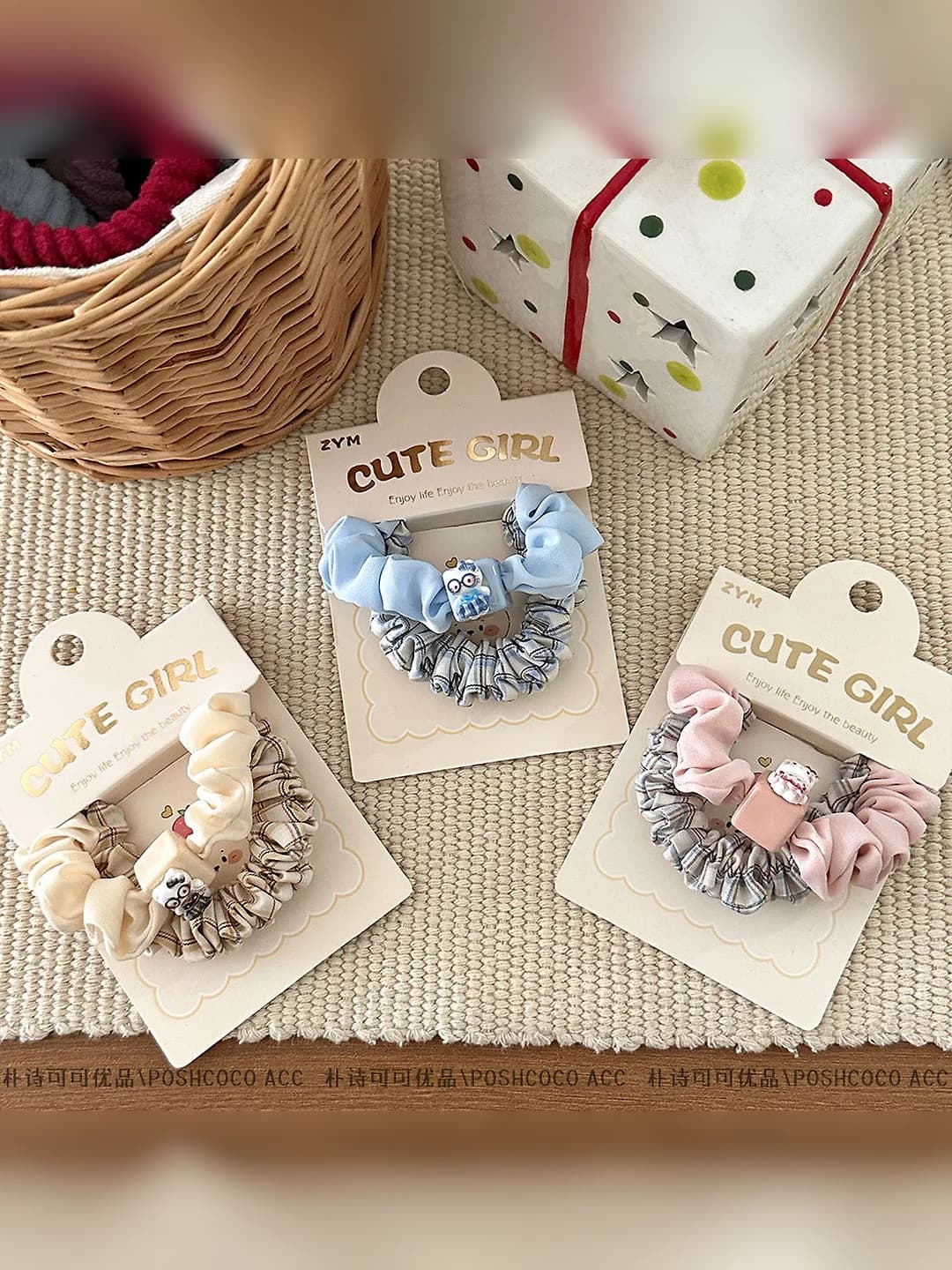 Women's spring 2-pack sweet cat plaid small fabric hair accessory set, cartoon style, stretch, for ponytails