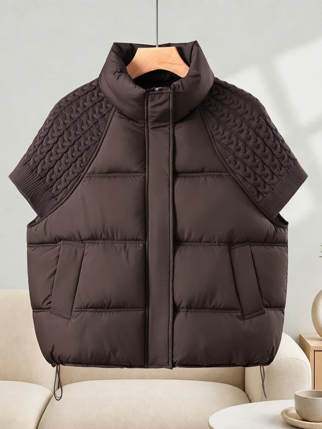 Women's 2026 short padded vest, stand collar, knit patchwork, warm