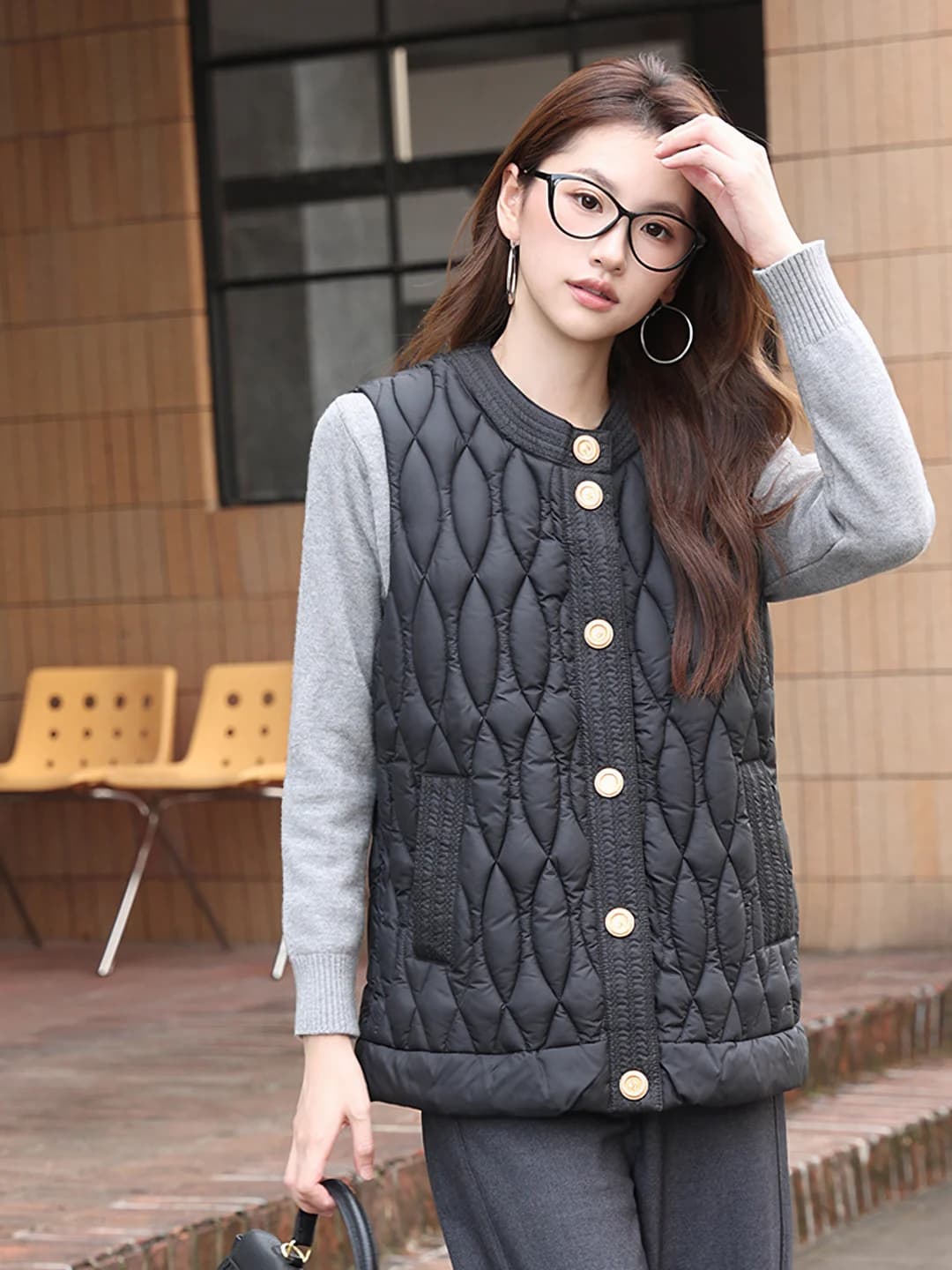 Women's short vest with V-neck, zip closure, down-alternative fill, padded, OL office style, autumn-winter, outerwear