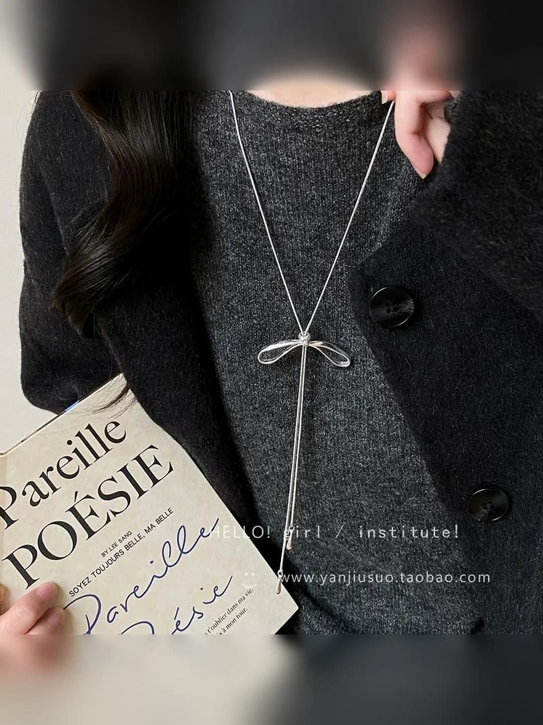 Women's silver bow pull-chain collar necklace, long collarbone chain