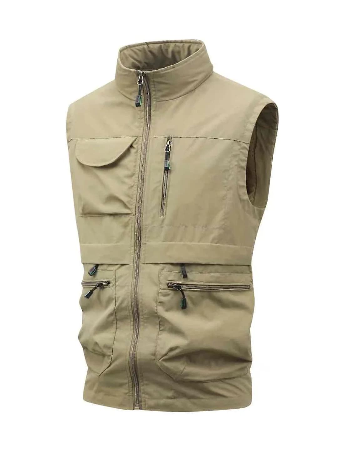 Men's multi-pocket utility vest with stand collar: casual, outdoor, photography and fishing, loose fit, zip, solid colour, spring-autumn, nylon, mountain style