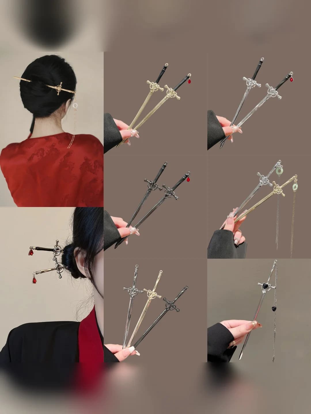 Ayollar uchun 20 sm qotishma qilich shpilka, antik uslubda, ikki tomonlama, qizil marjonli, salqi bezakli
