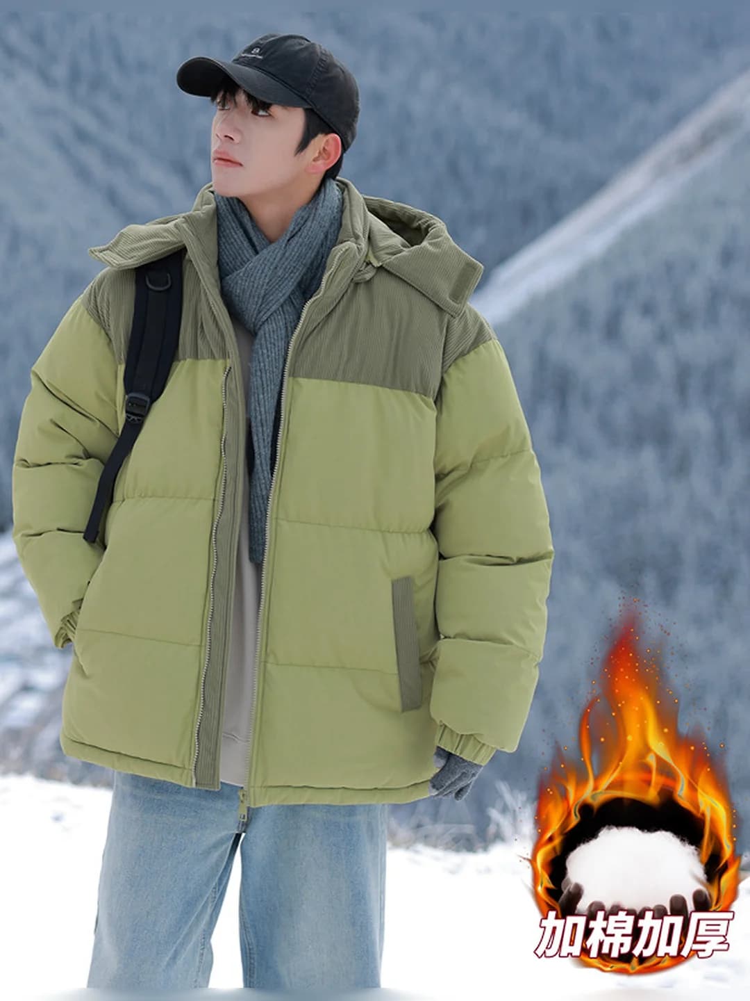 2026 model: men's down jacket — colour-block, detachable hood, windproof and thickened, for autumn-winter