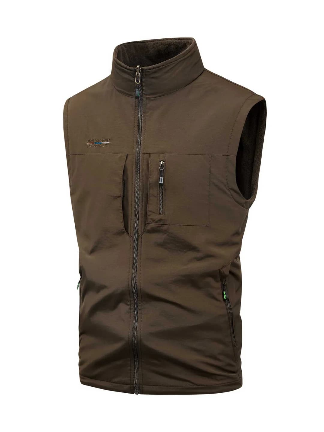 Men's fleece-lined thickened vest (tank top) — double-sided, outdoor style, spring-autumn, for fishing and photography, multi-pocket, stand collar, zip, solid colour