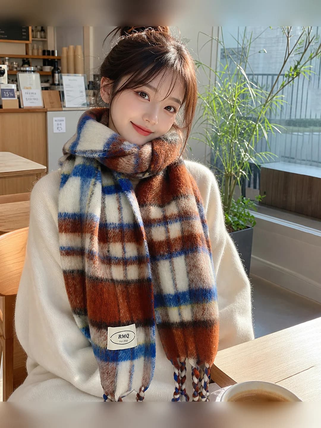 Women's Korean-style autumn-winter checked scarf, tassel shawl, warm, thickened neck warmer