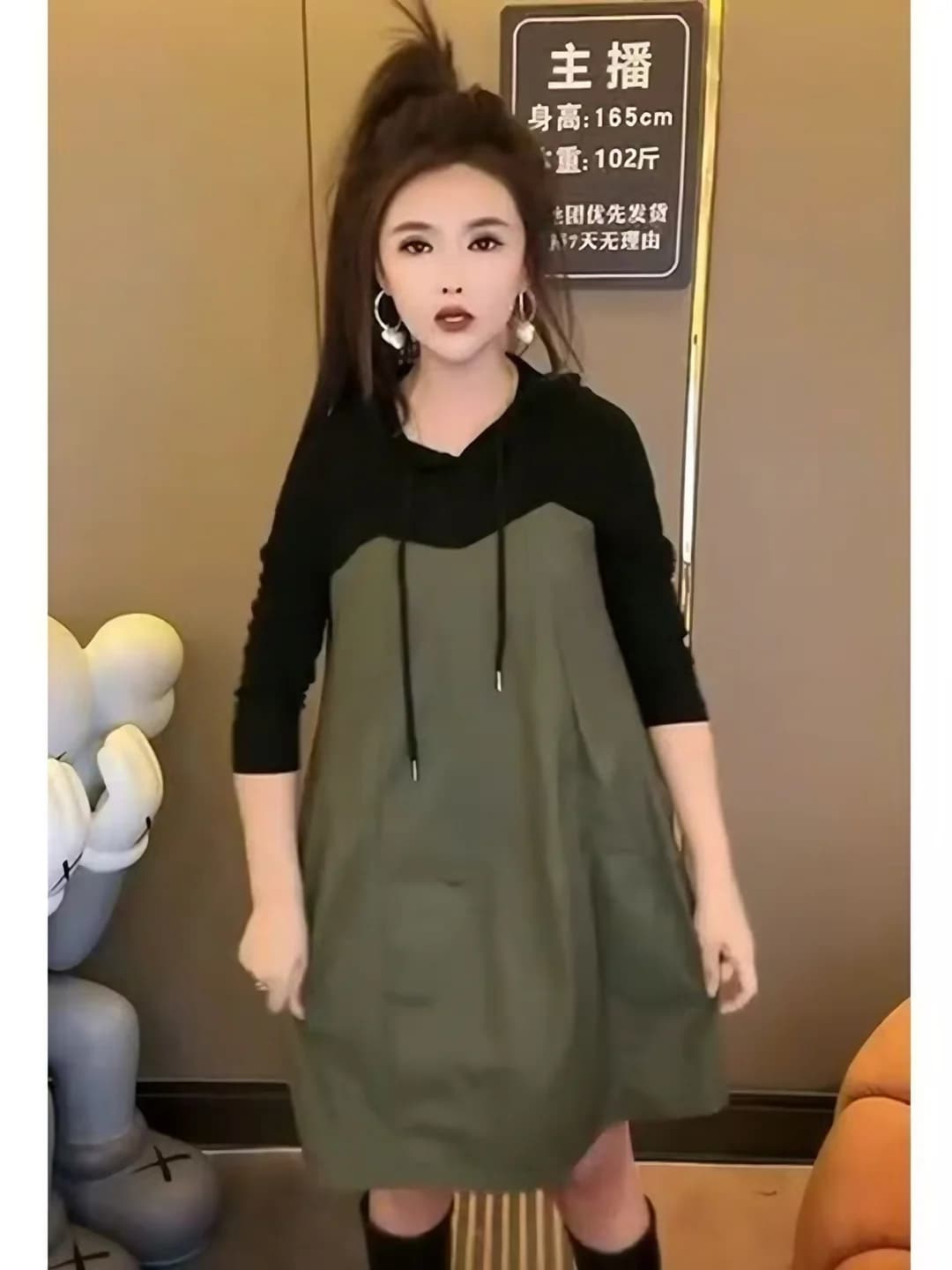 Women's 2026 autumn hooded black patchwork cotton A-line mid-length dress, belly-concealing, slimming