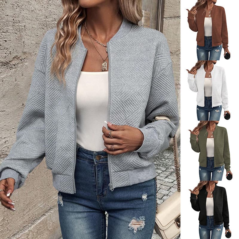 Women's autumn-winter demiseason jacket: solid colour, zip closure, crew neck, loose fit, long sleeve, geometric pattern, casual jacket