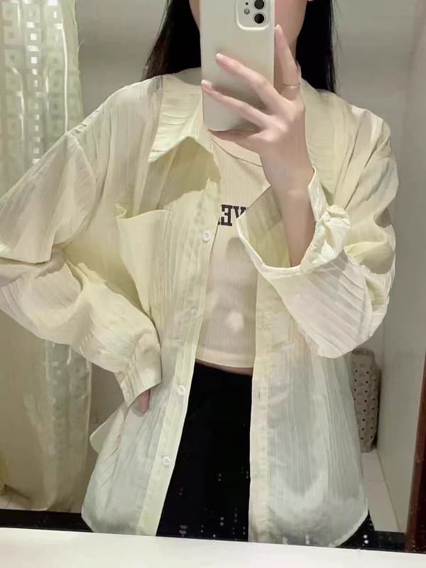 Ayollar uchun koreys uslubida kashtali katak ko'ylak-shirt, bahor-yoz, uzun yeng, POLO yoqa, bo'sh (oversize) kesim, dazmol talab qilmaydi