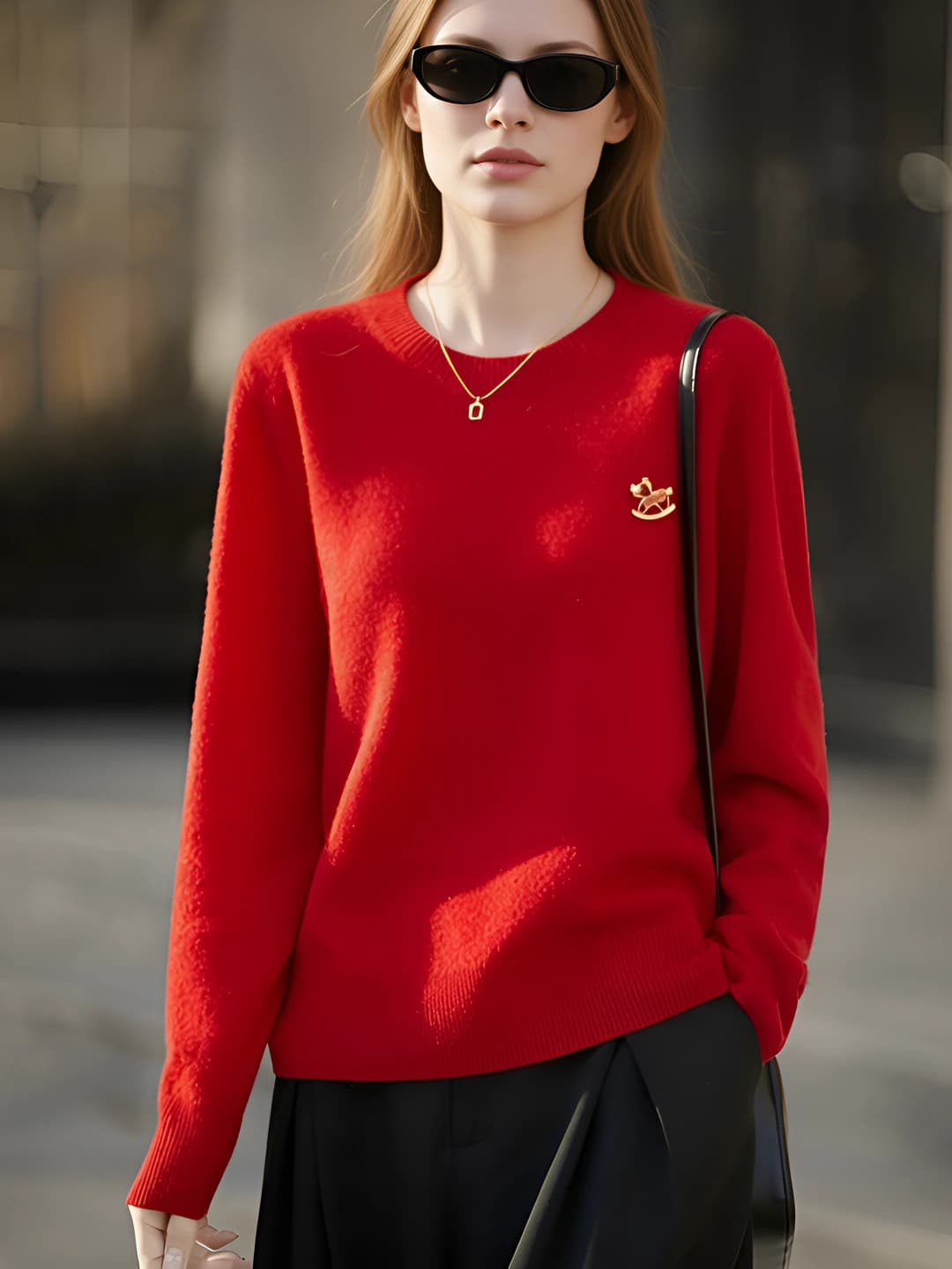 Women's 100% wool sweater, crew neck, long sleeve, loose fit, red color, embroidered design, casual style