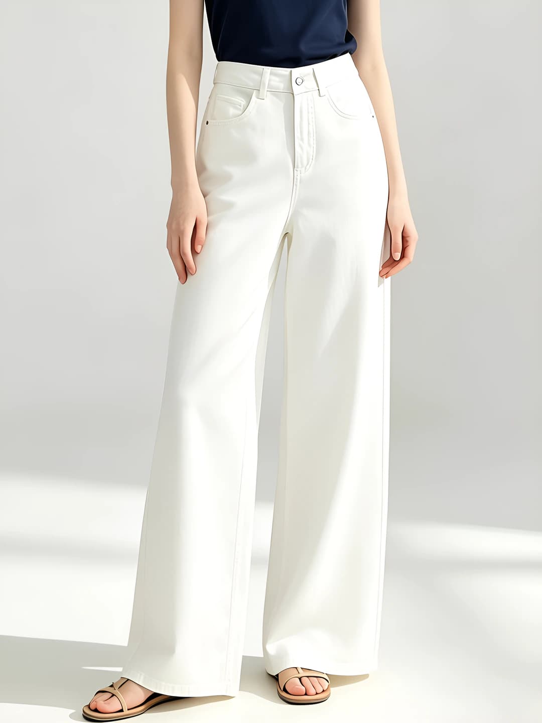 Women's 2026 summer tencel cotton high waist straight cut wide and flared jeans, white, loose fit, slimming, trousers