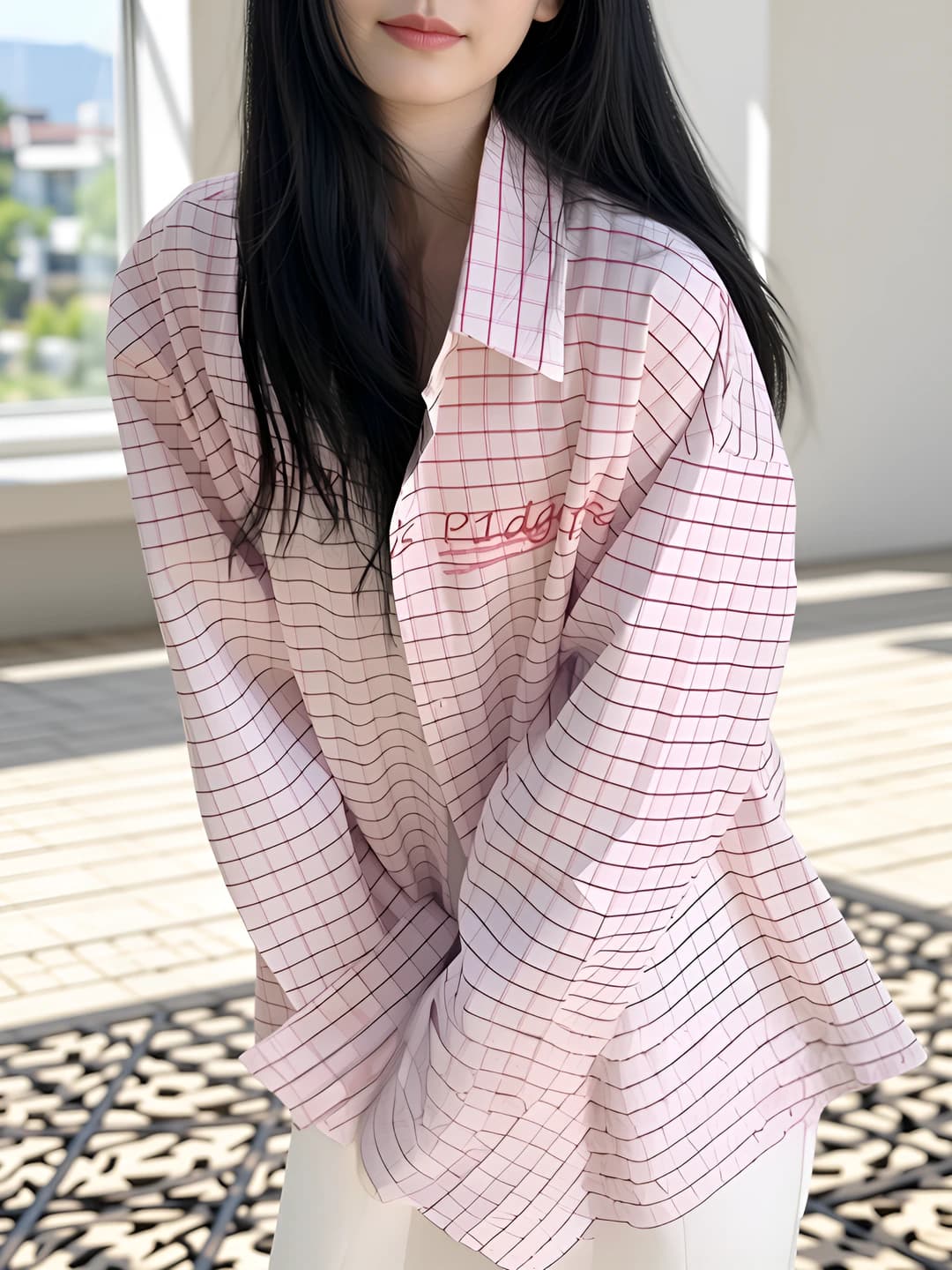 Women's spring-summer checked long-sleeve shirt, loose fit, sun-protective, POLO collar, casual style