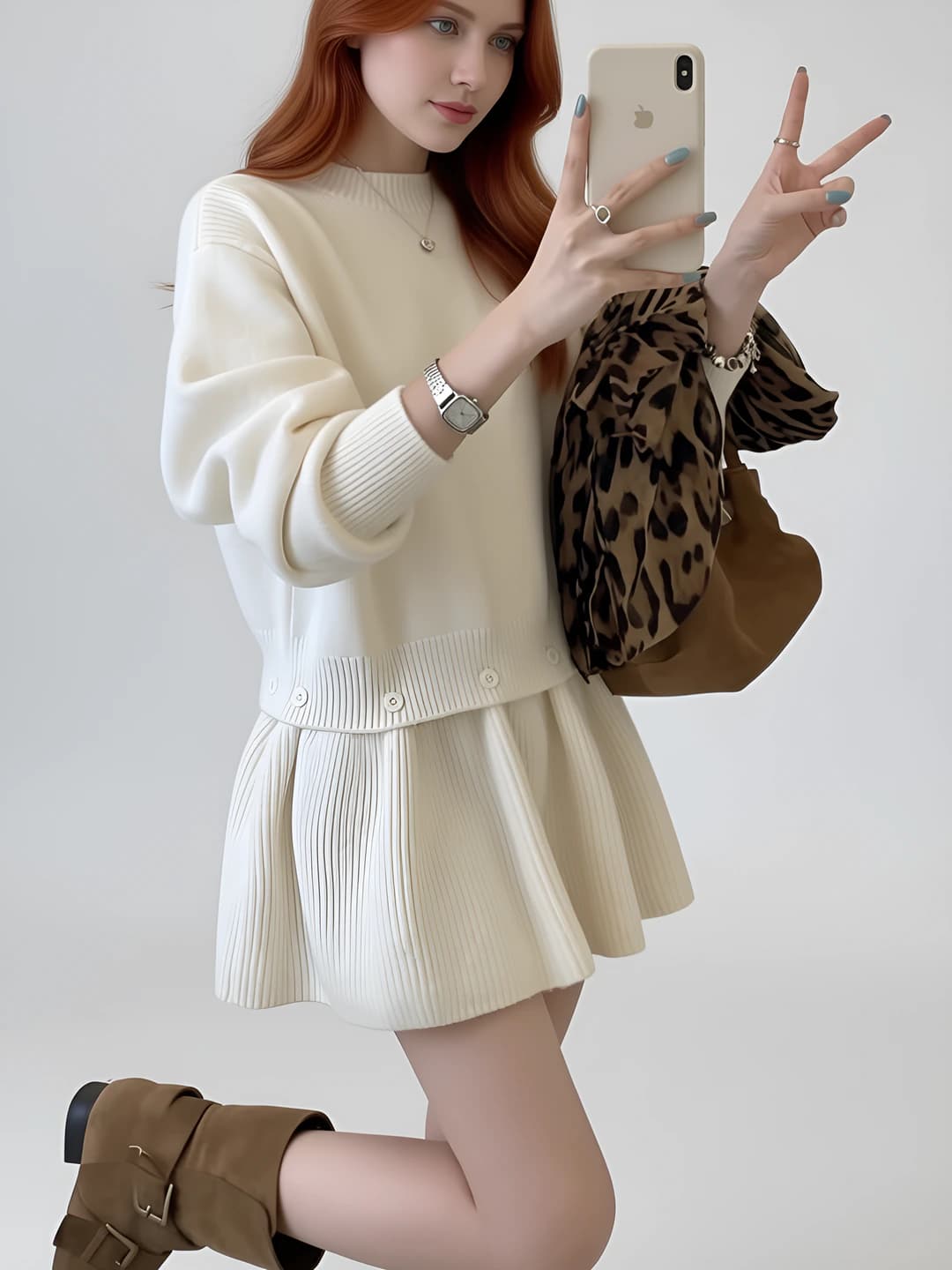 Women's cashmere knit top, crew neck, long sleeve, mid-length, slimming, autumn