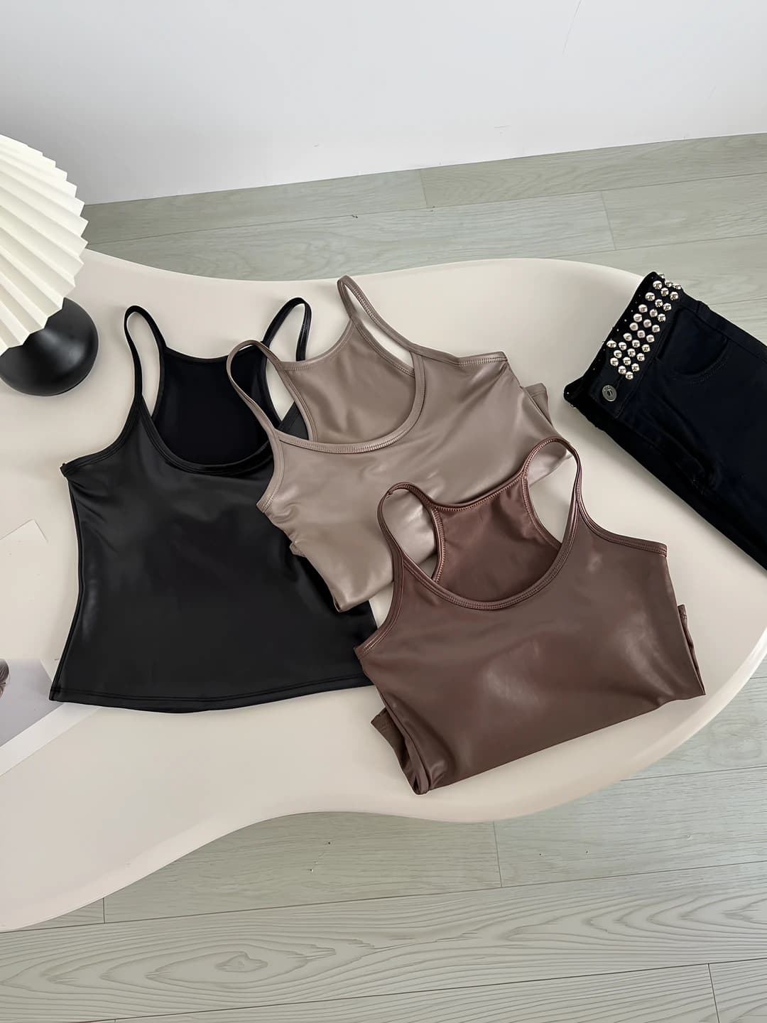 Women's PU leather-look strap tank top, slim fit, sleeveless, autumn