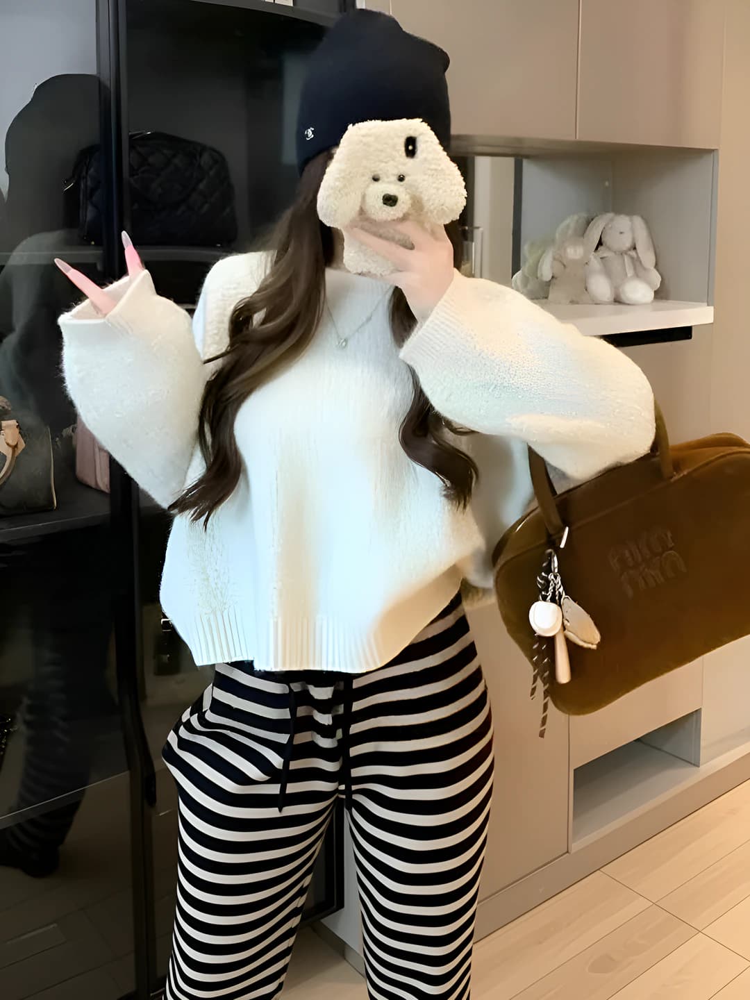 Women's crew neck solid colour loose fit long sleeve knit top sweater for autumn-winter