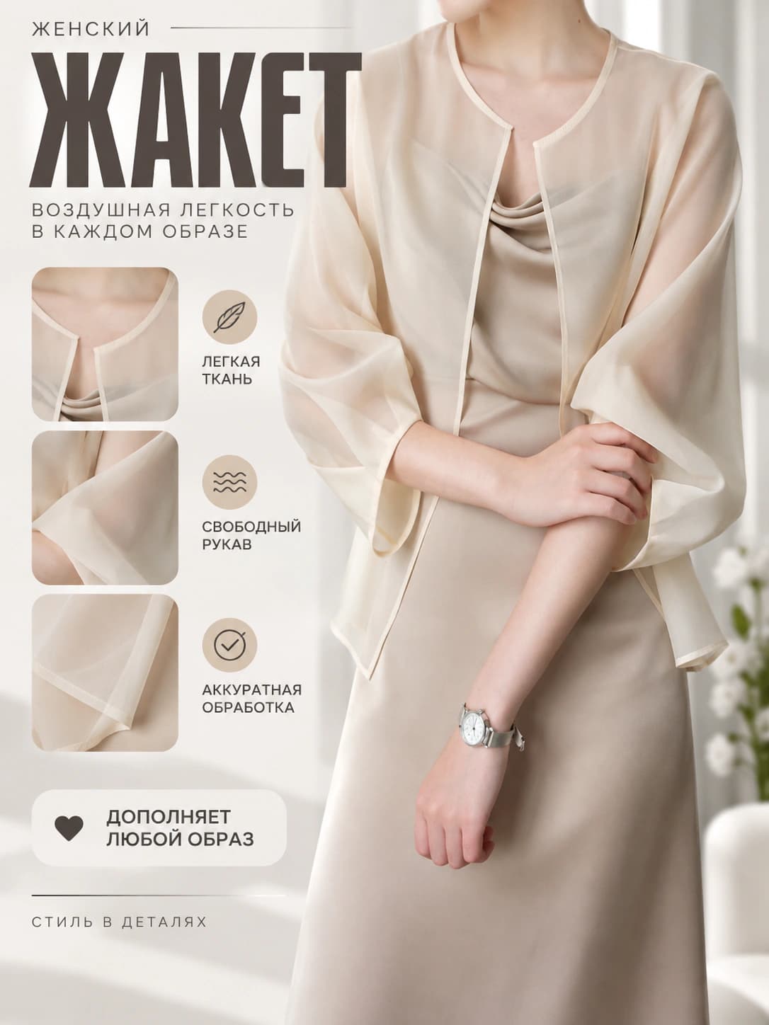 Ayollar uchun yozgi quyoshdan himoyalovchi yupqa organza kardigan, dumaloq yoqa, uzun yeng, bo'sh (oversize) kesim, bir rangli
