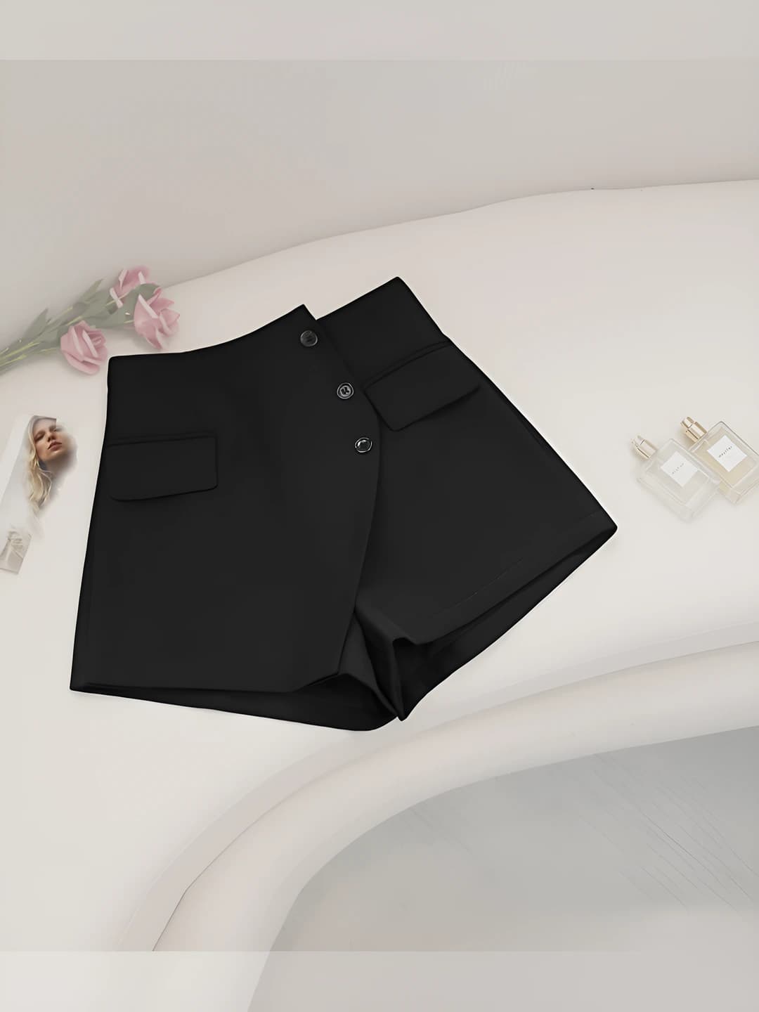 Women's high waist slimming shorts for petite, spring-summer, A-line, blazer style, casual, stretch, non-iron, 3D decoration, short