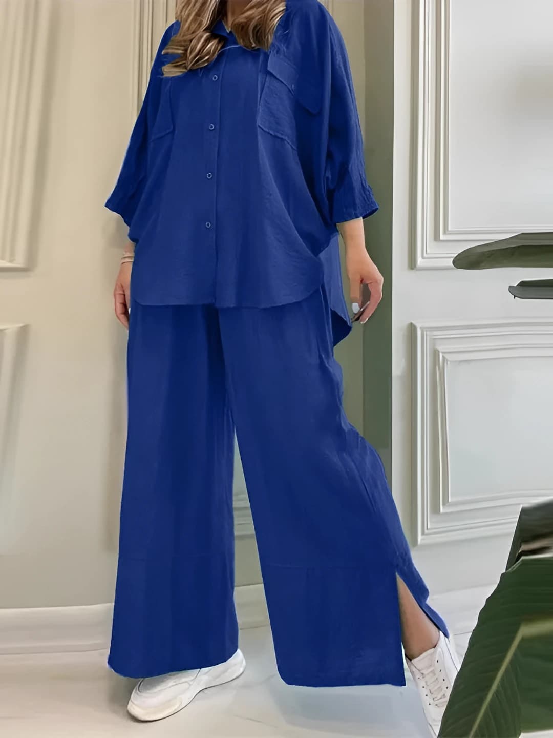 Women's casual set: blouse with lapel collar and long sleeve and solid colour trousers